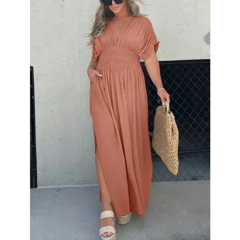 Trendy Bat-sleeved V-neck Slit Dress Summer Short Sleeve Elastic Waist Long Dresses