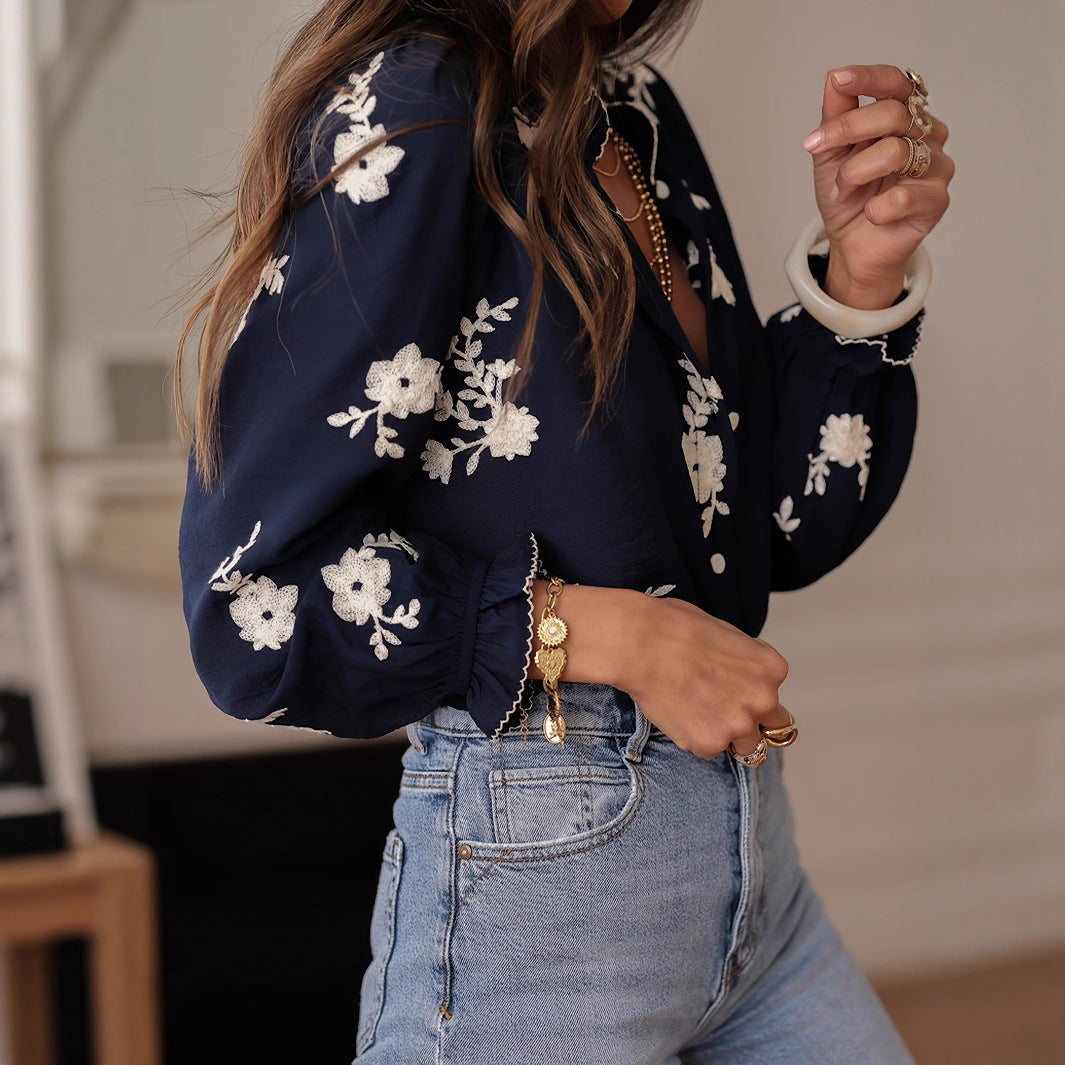 Long-sleeved Western-style Chiffon Blouse With Embroidery
