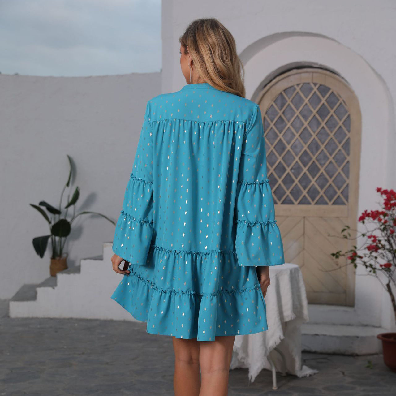 Pleated Loose & Flared Long Sleeve Summer Button Design Dress