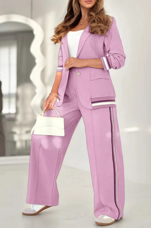 Lapel Women's Suit with Wide Leg High Waist Trousers