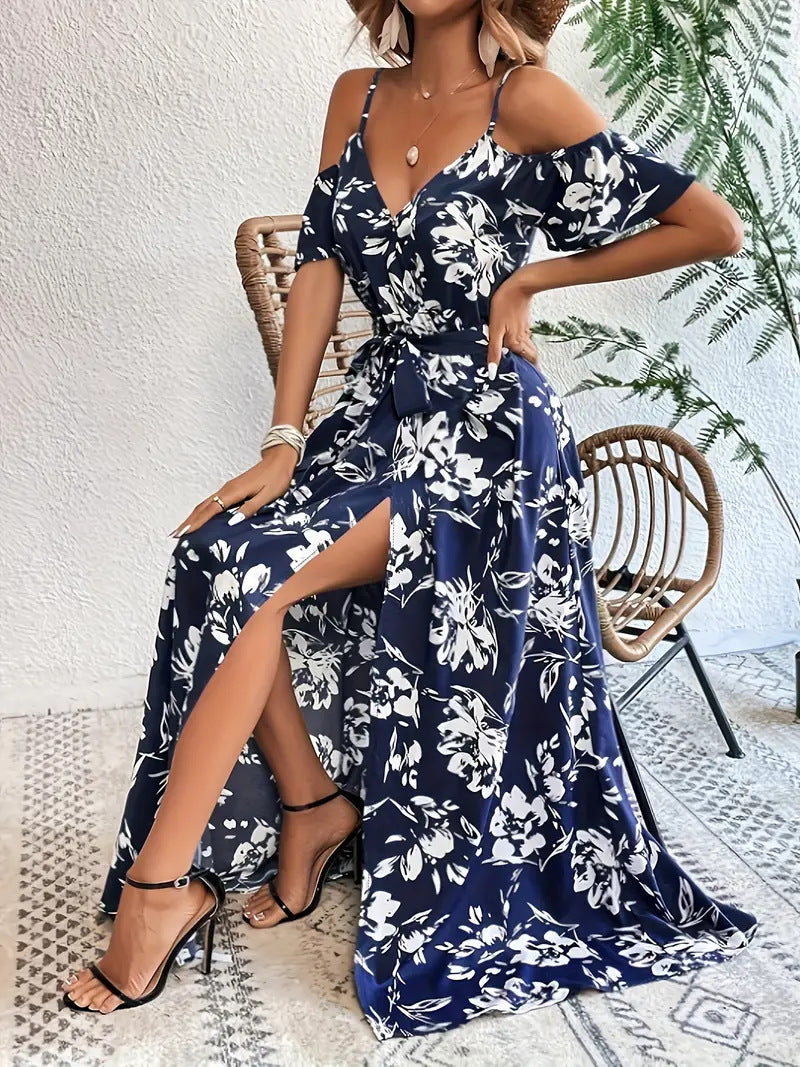 Summer Off-Shoulder Split Floral Print Long Dress With Belt Design