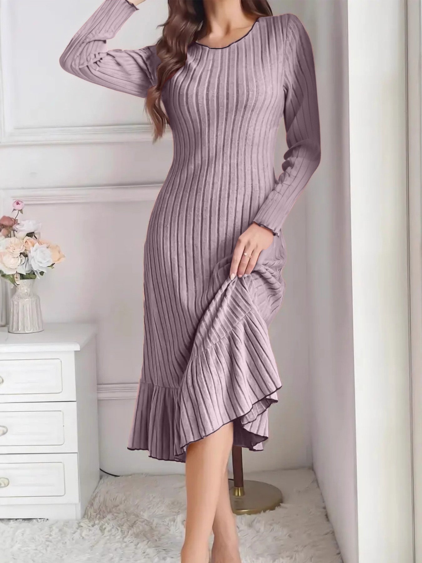 Comfy Solid Color Ruffle Sleeve Long Dress