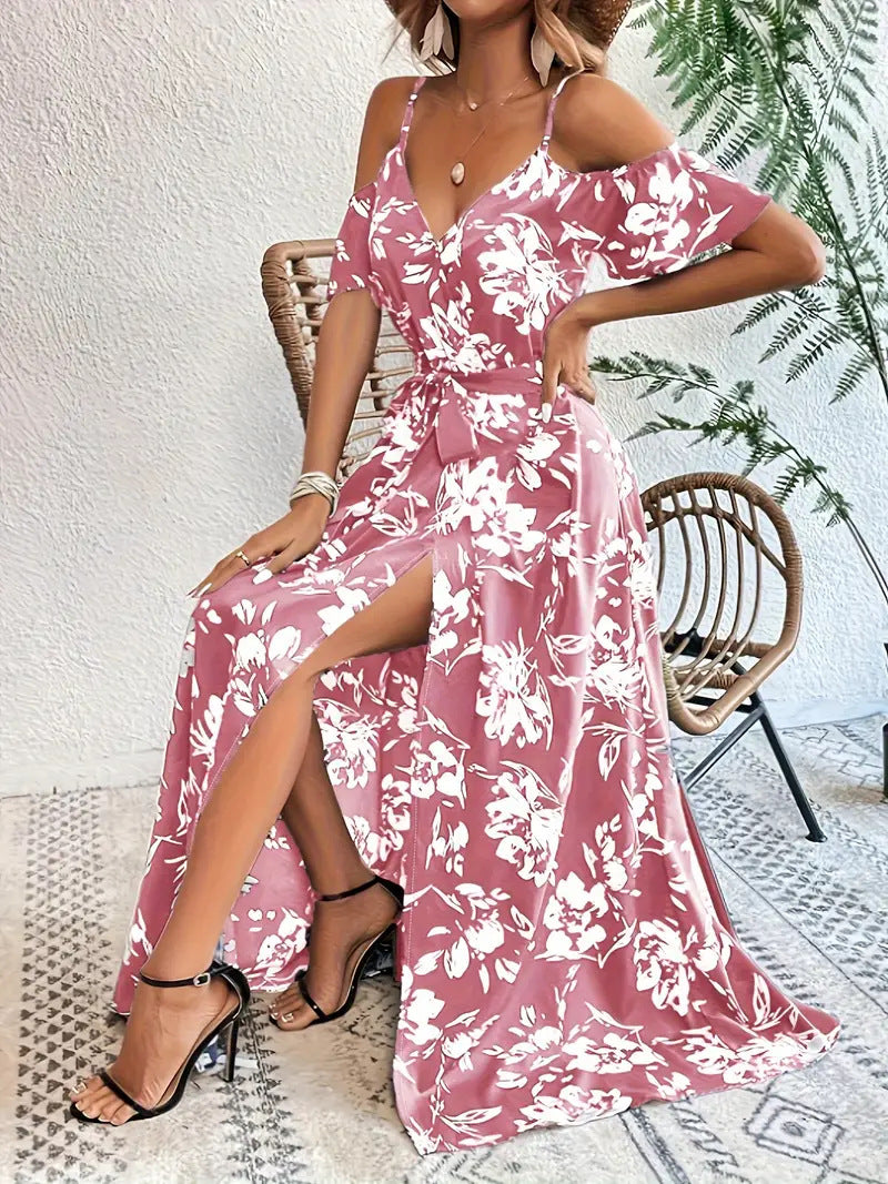 Summer Off-Shoulder Split Floral Print Long Dress With Belt Design