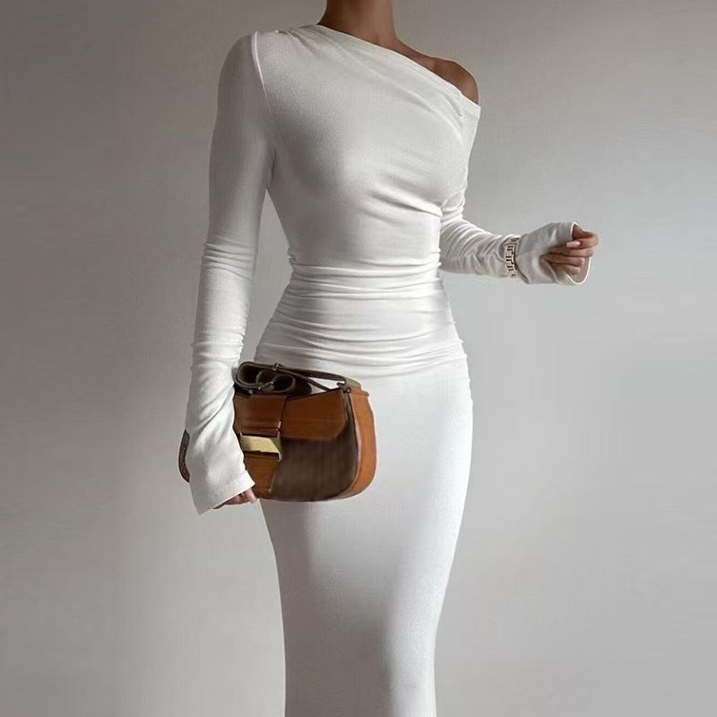 Elegant Off-shoulder Long-sleeve Pleated Maxi Dress