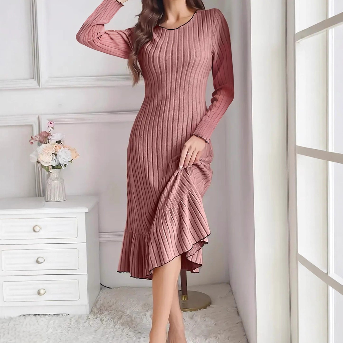 Comfy Solid Color Ruffle Sleeve Long Dress