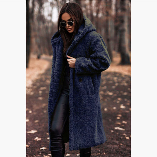 Elegant Plush Autumn Winter Long Coat with Hood
