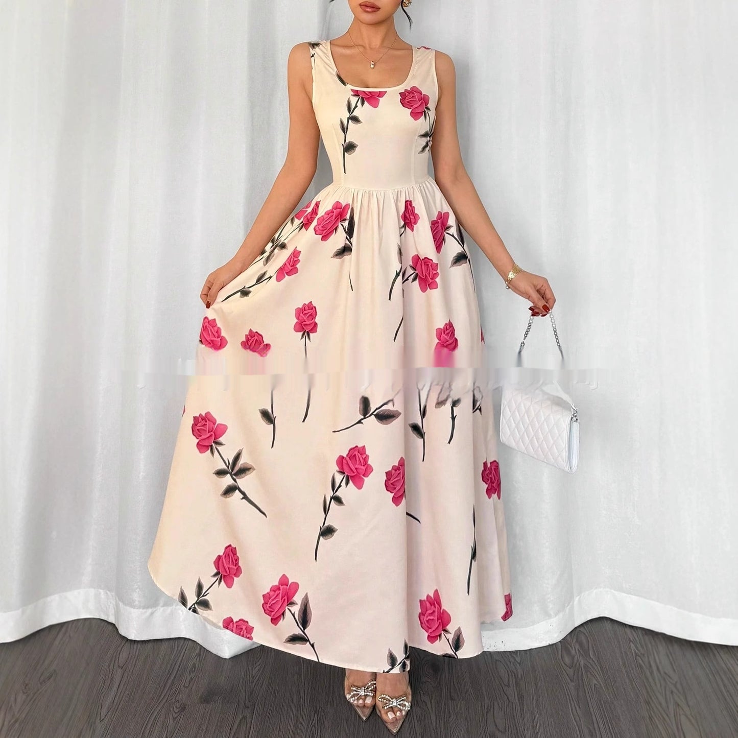 Cool Floral Print Square-Neck Sleeveless Elegant Dress