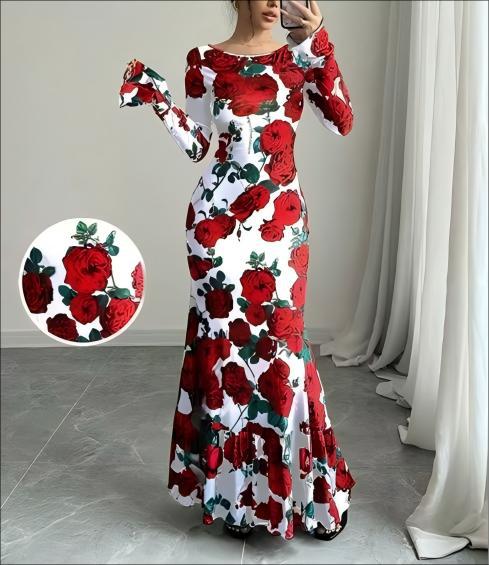Elegant Slim-fit Round Neck Rose Floral Flared Sleeve Bodycon Dress