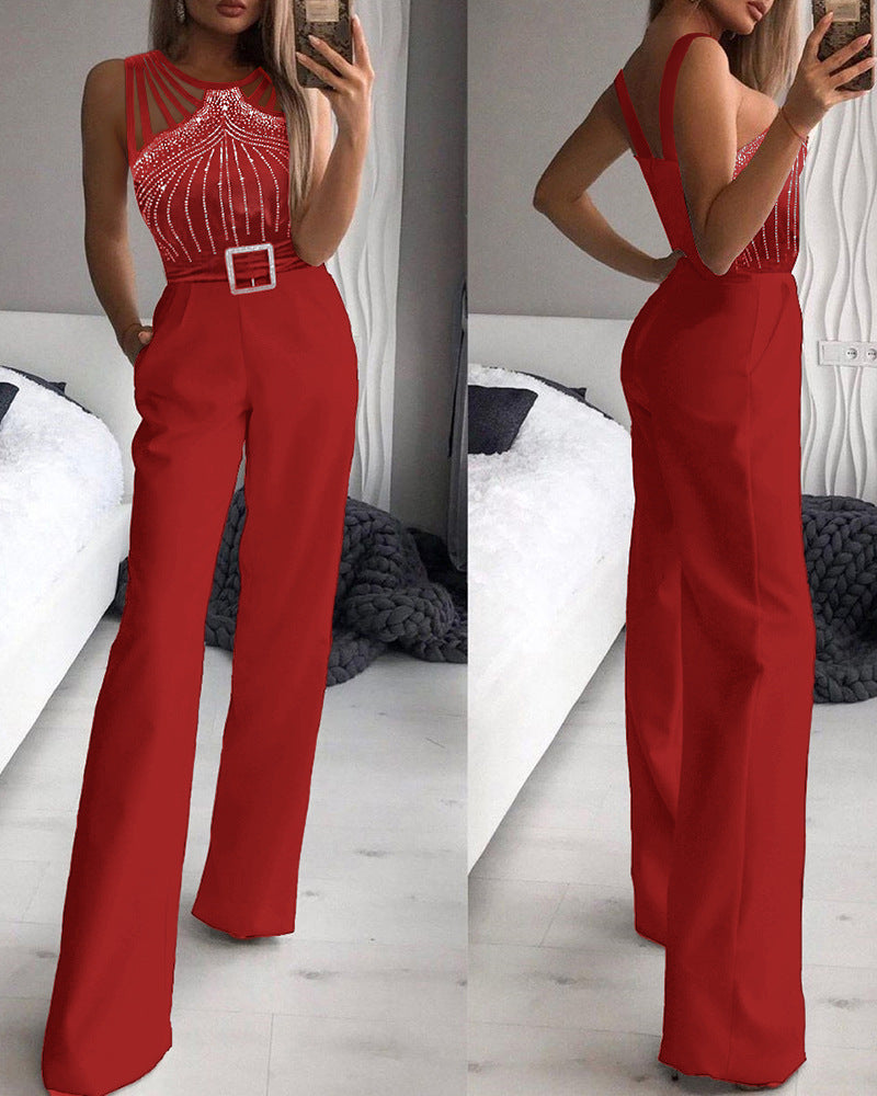 Sexy Rhinestone-embellished Strapless Sleeveless Waist defining Jumpsuit