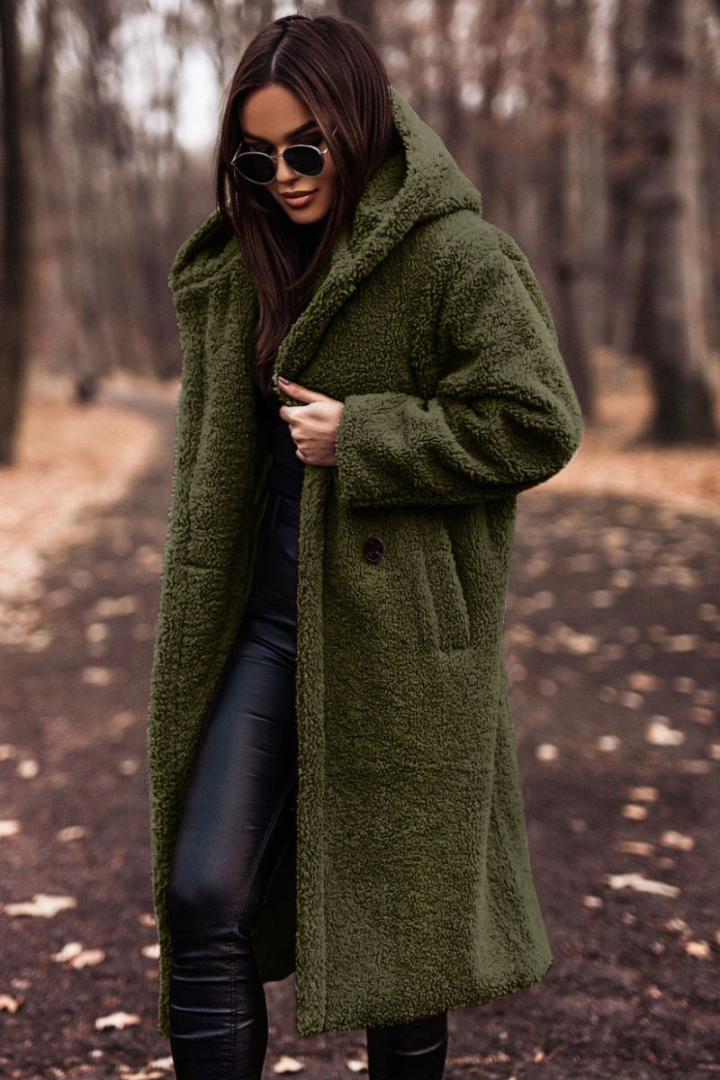 Elegant Plush Autumn Winter Long Coat with Hood