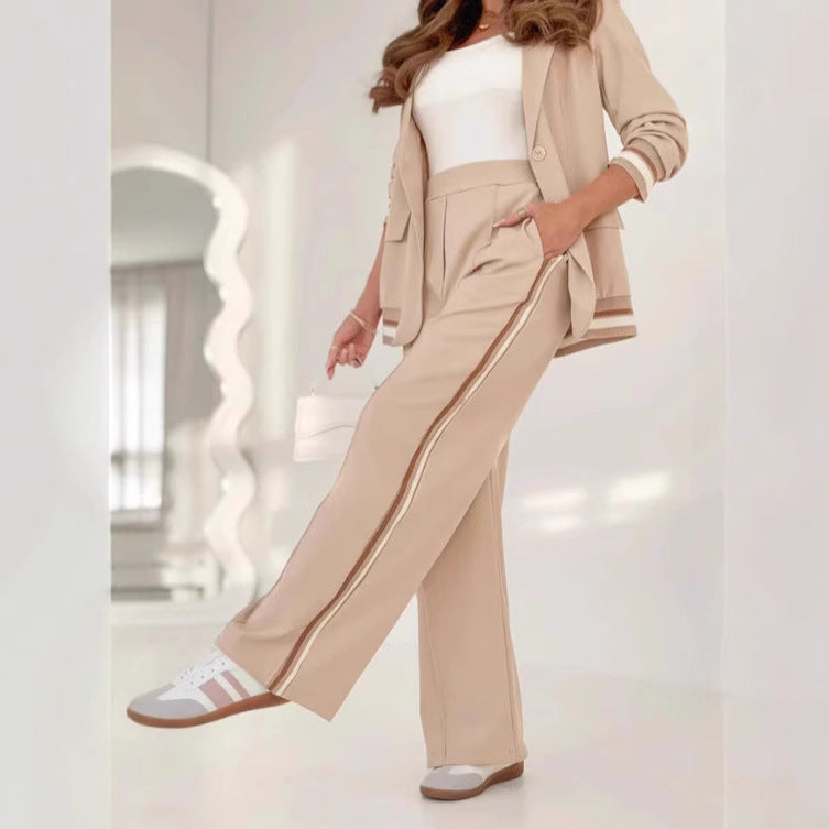 Lapel Women's Suit with Wide Leg High Waist Trousers