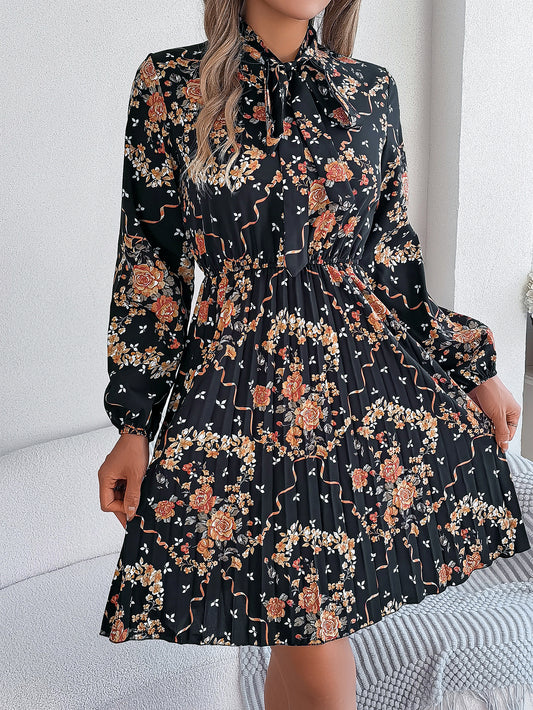Elegant Floral Tie-Waist Long Sleeve Pleated Maxi Dress