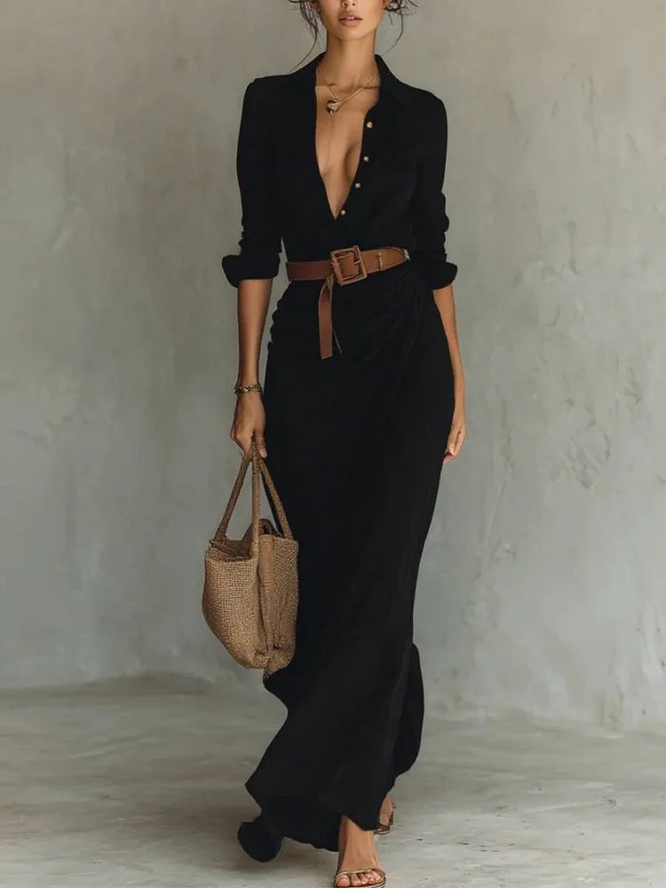 Elegant Button Lapel Out and About Long-sleeved Shirt Dress