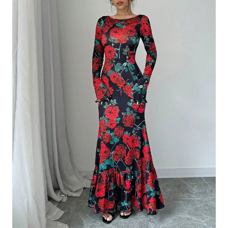 Elegant Slim-fit Round Neck Rose Floral Flared Sleeve Bodycon Dress