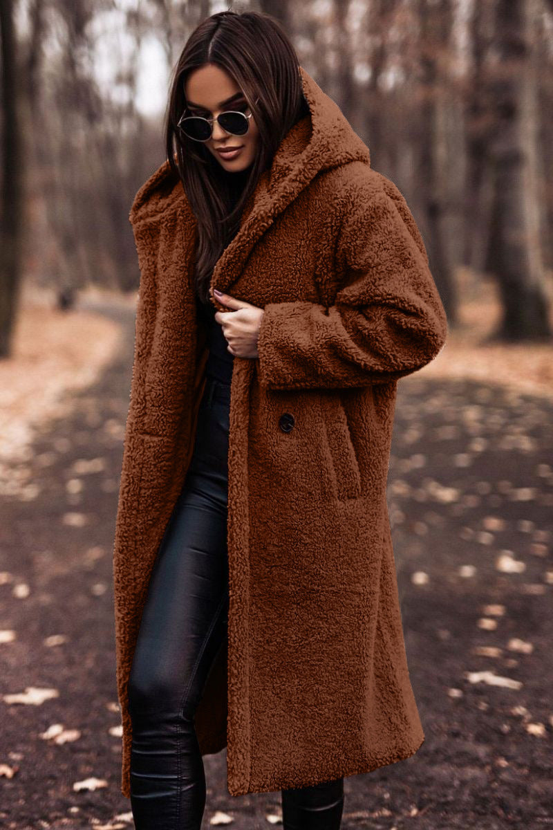 Elegant Plush Autumn Winter Long Coat with Hood