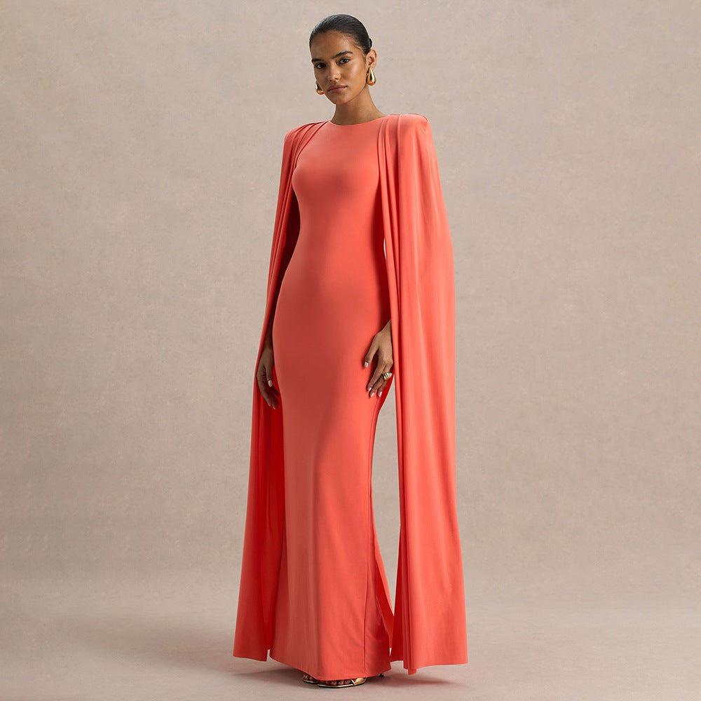 Round-neck Pleated Shawl Slim Dress