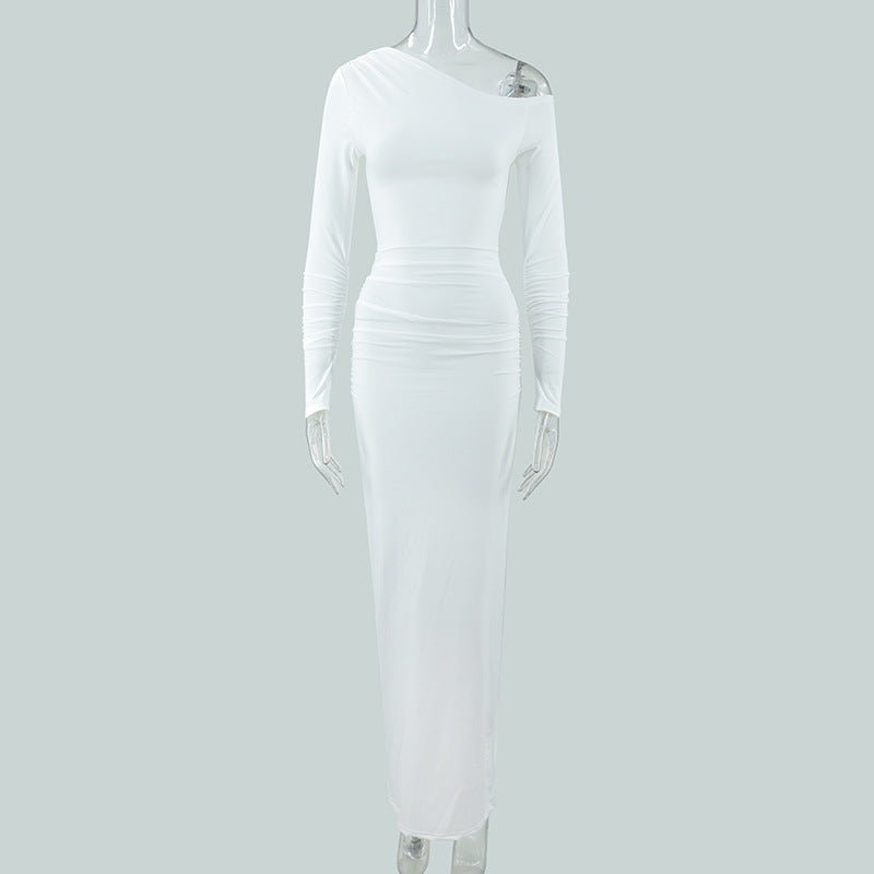 Elegant Off-shoulder Long-sleeve Pleated Maxi Dress