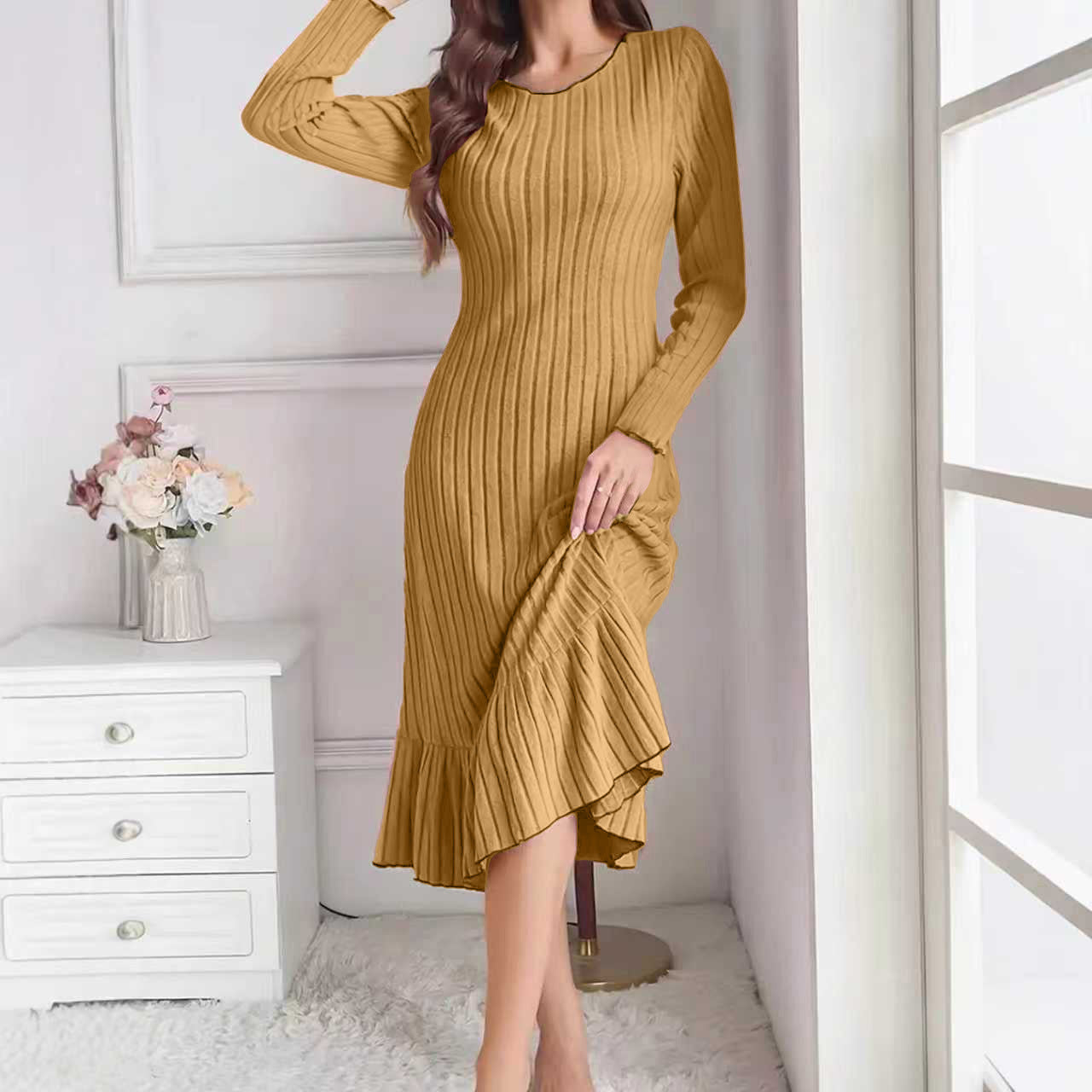 Comfy Solid Color Ruffle Sleeve Long Dress
