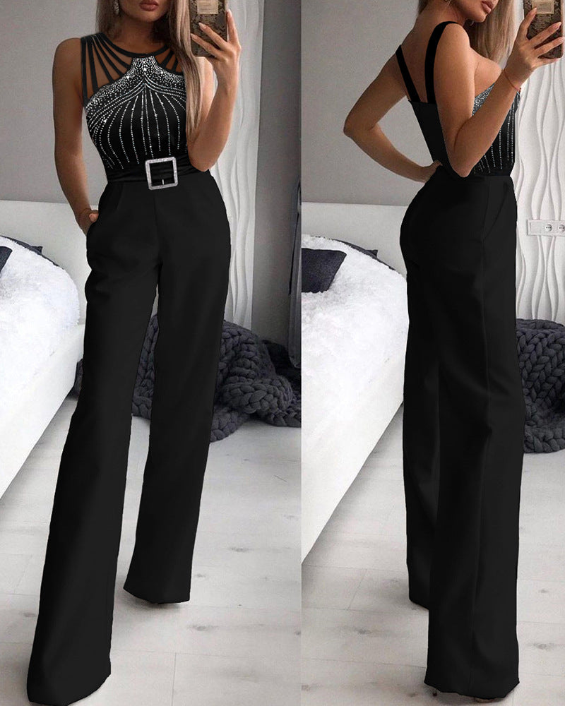 Sexy Rhinestone-embellished Strapless Sleeveless Waist defining Jumpsuit