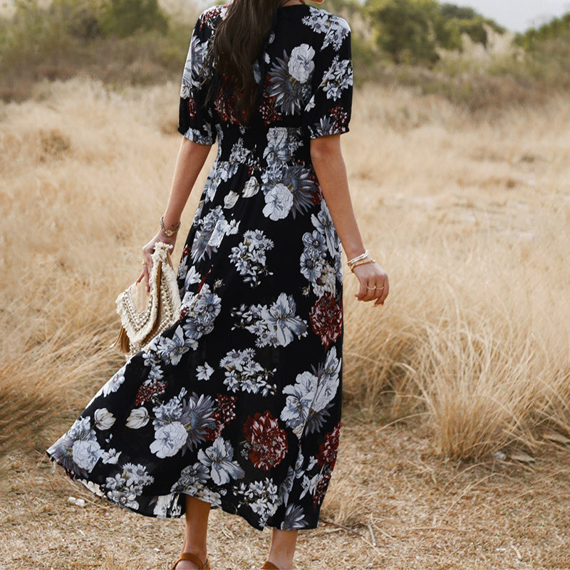 Floral Summer V Neck Elastic Waist Beach Dress