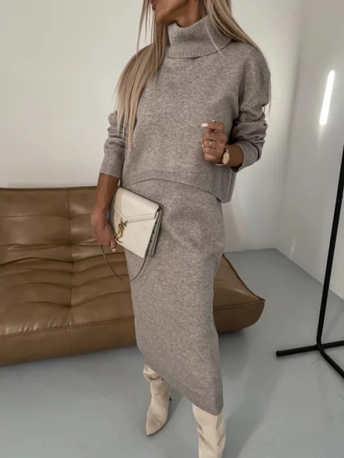 Two Piece Turtleneck Sweater Winter Suit with Dress