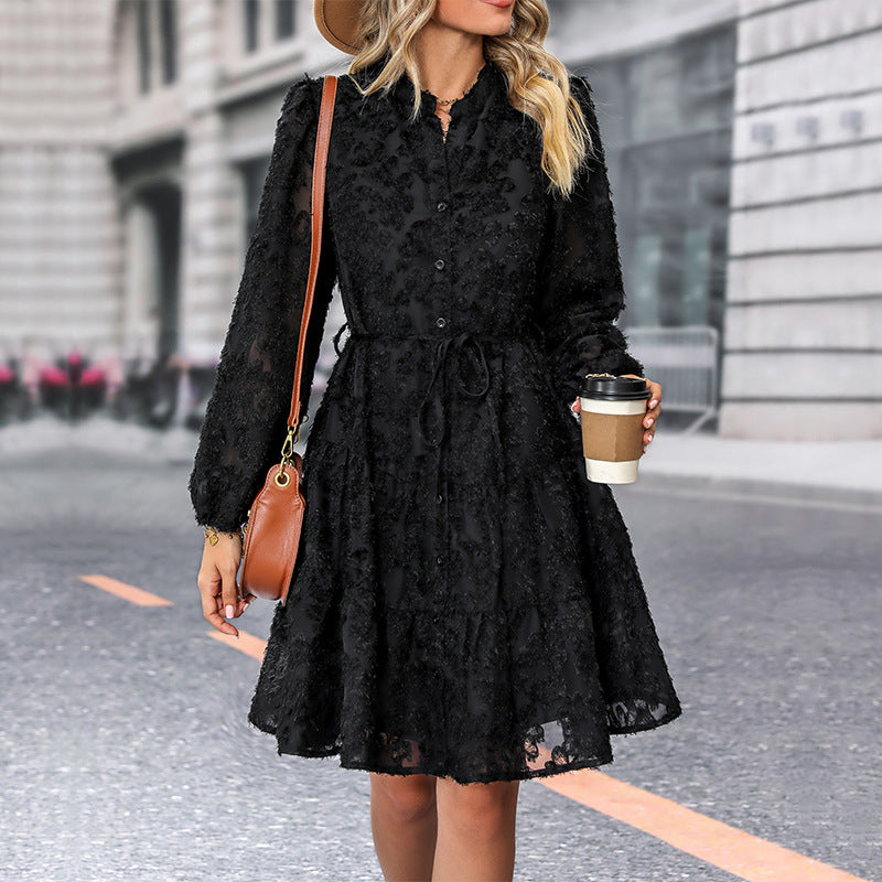 Classy Lace Tied Long Sleeve Medium Length  Dress
