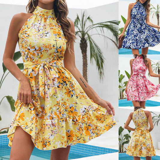 Flower Print Halter-neck Dress Summer Lace-up Ruffled Dress