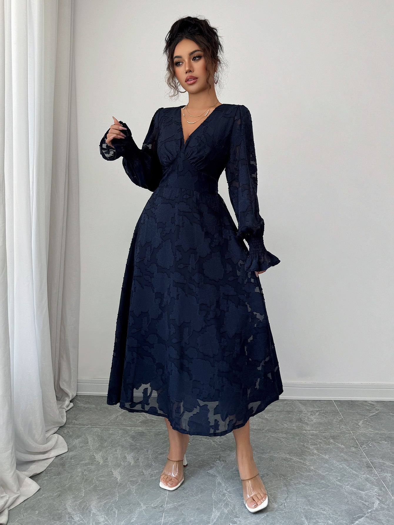 Elegantly Styled Deep V Lace Long Sleeve Dress