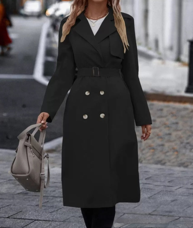 Trendy Women's Work Lapel Double-breasted Trench Coat With Belt