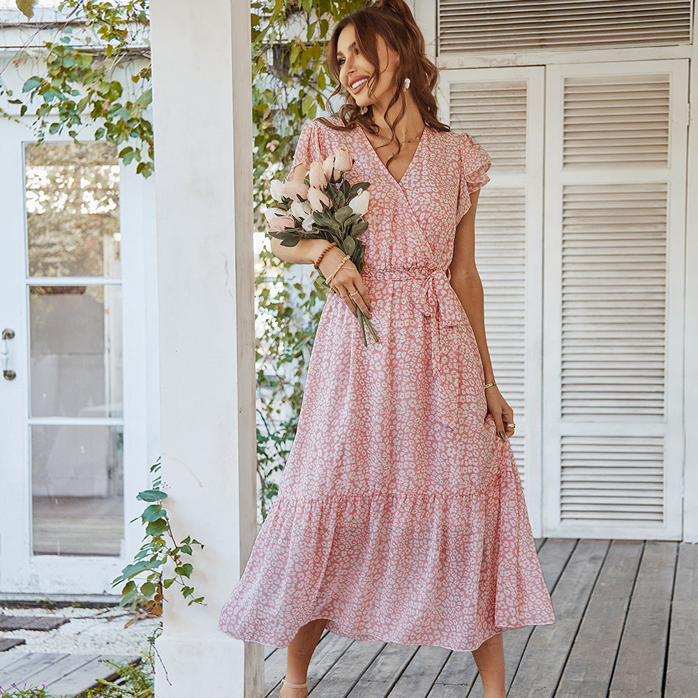 Ruffle Sleeve V Neck Boho Floral Summer Dress