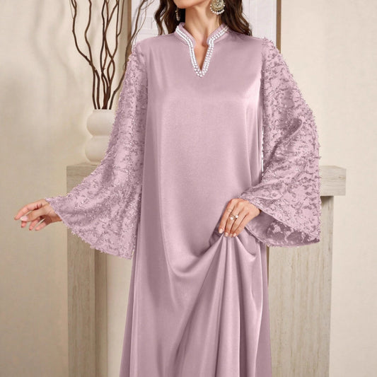 Comfortable And Elegant Long Gown With Pearl-trimmed Collar