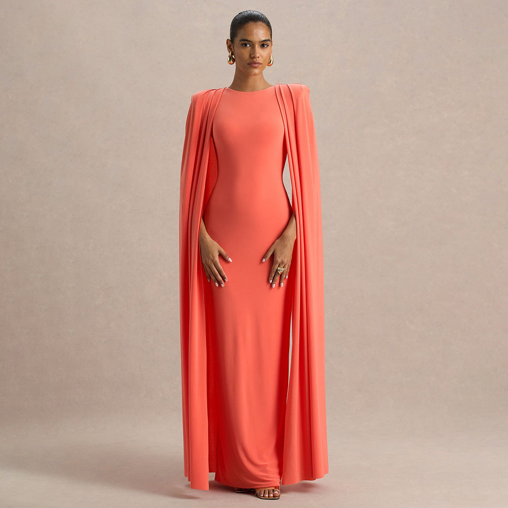 Round-neck Pleated Shawl Slim Dress