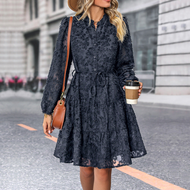 Classy Lace Tied Long Sleeve Medium Length  Dress