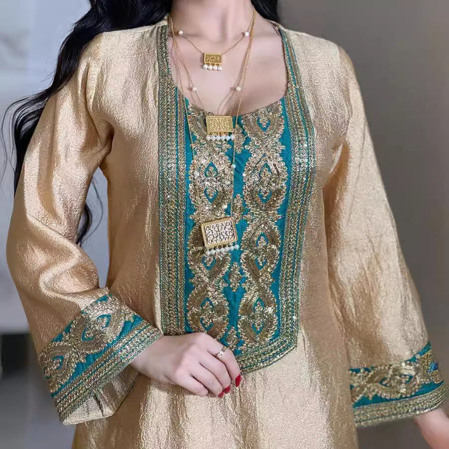Indian Sequined Gold Silk Solid Color Long Sleeve Dress Women