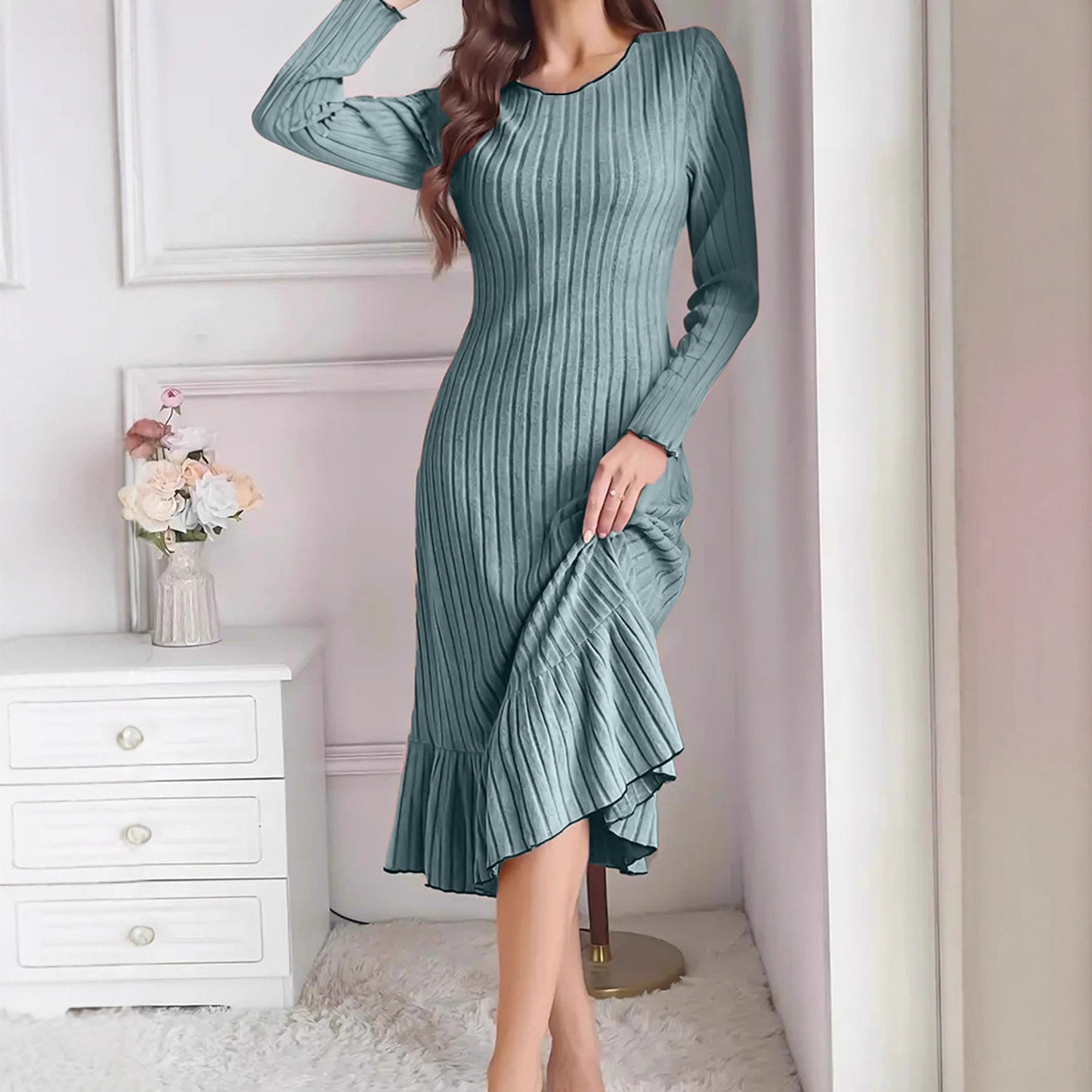 Comfy Solid Color Ruffle Sleeve Long Dress