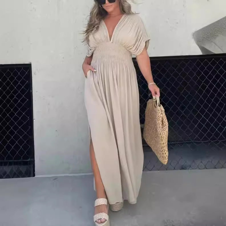 Trendy Bat-sleeved V-neck Slit Dress Summer Short Sleeve Elastic Waist Long Dresses