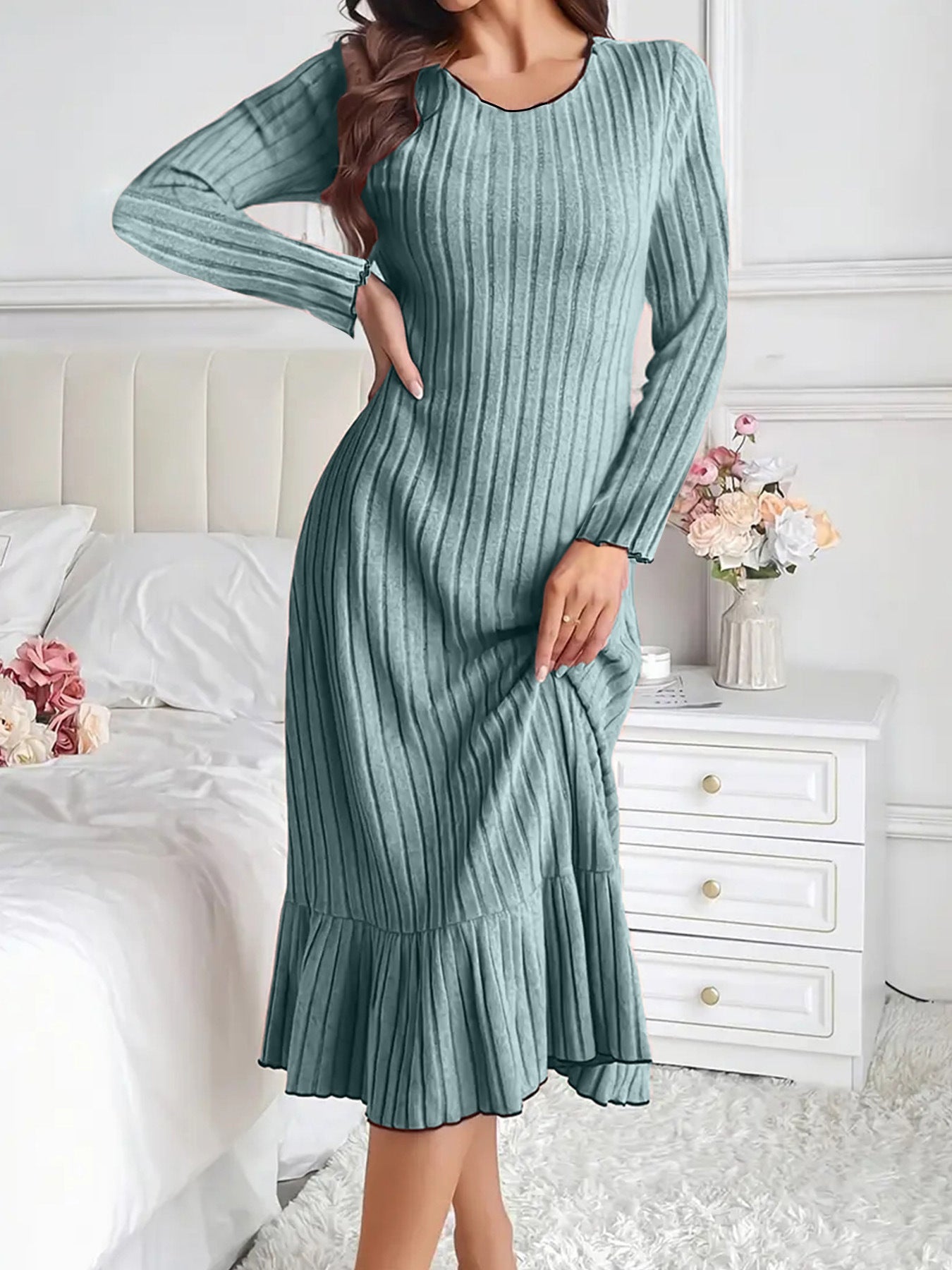 Comfy Solid Color Ruffle Sleeve Long Dress