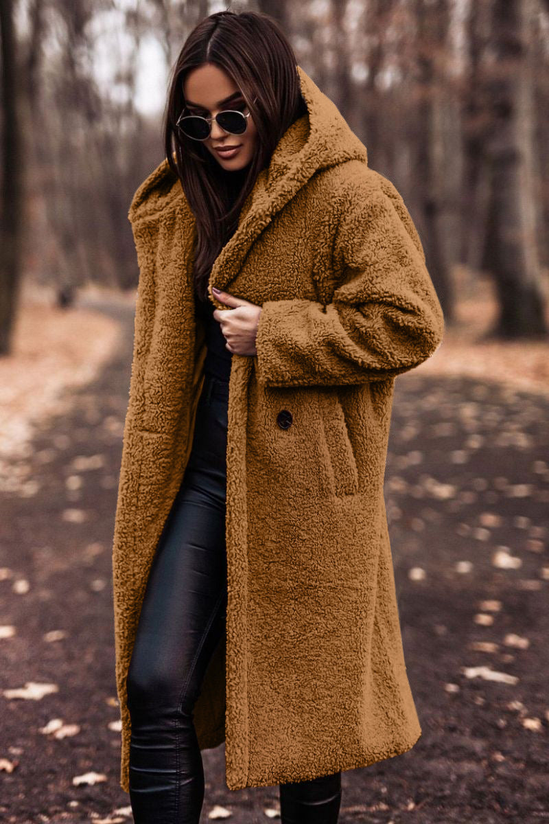 Elegant Plush Autumn Winter Long Coat with Hood