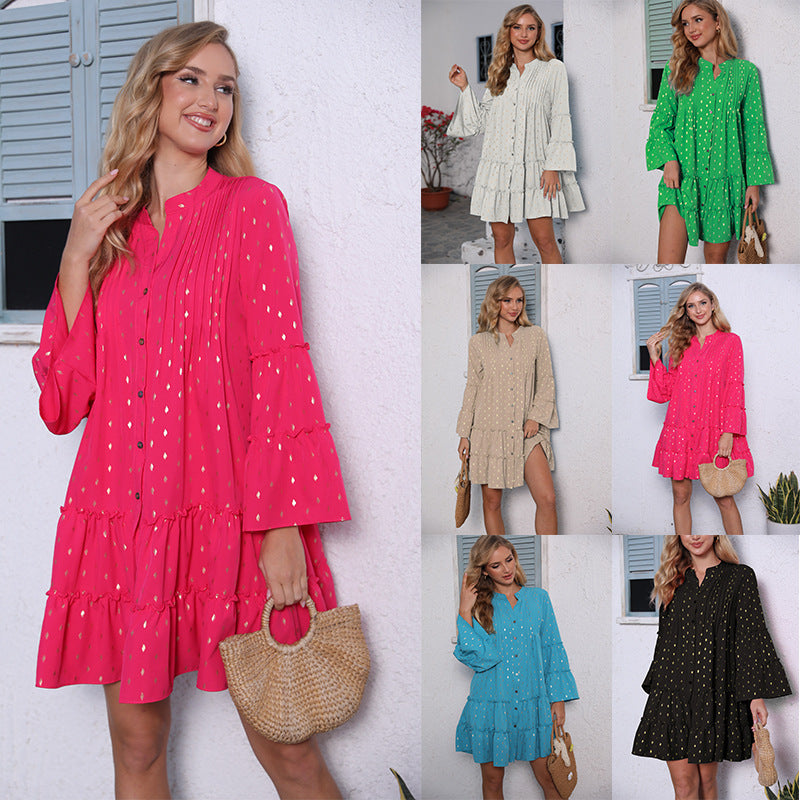 Pleated Loose & Flared Long Sleeve Summer Button Design Dress