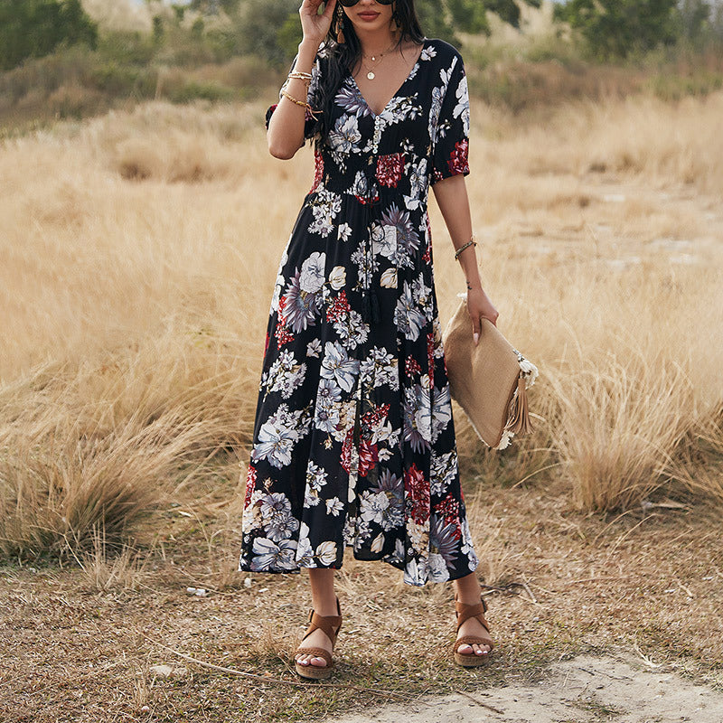 Floral Summer V Neck Elastic Waist Beach Dress