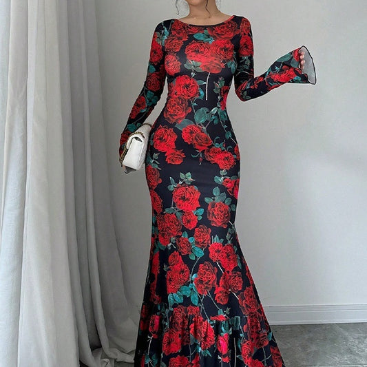 Elegant Slim-fit Round Neck Rose Floral Flared Sleeve Bodycon Dress
