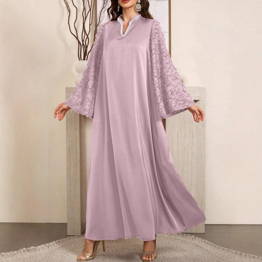 Comfortable And Elegant Long Gown With Pearl-trimmed Collar
