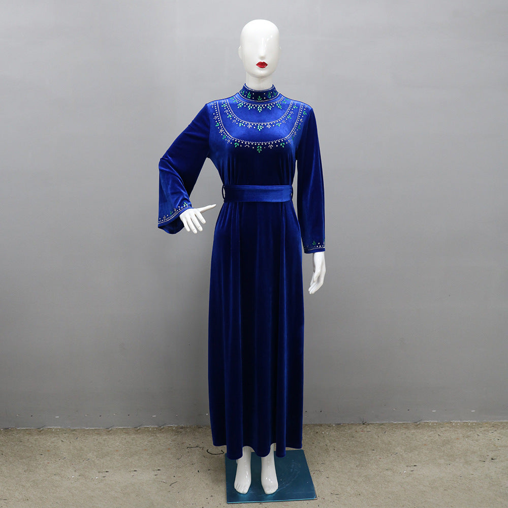 Velvet Zipper Drop-shaped Diamond Middle Eastern Dress