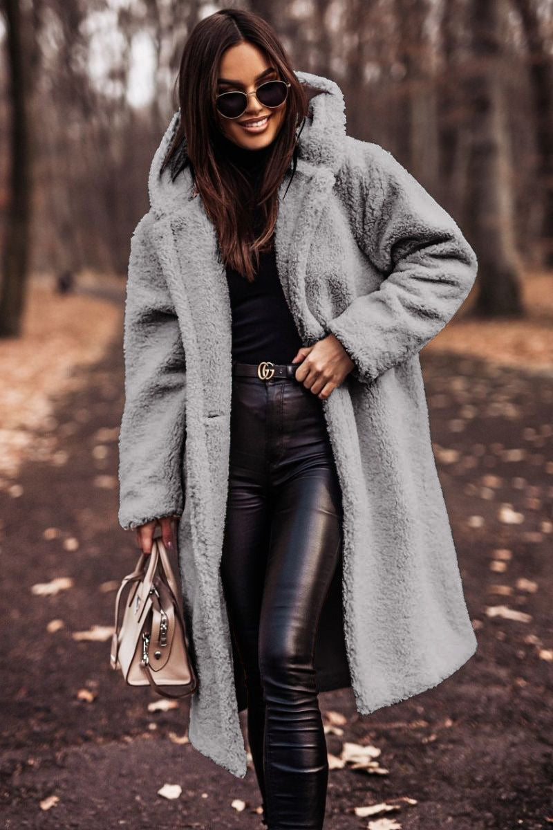 Elegant Plush Autumn Winter Long Coat with Hood